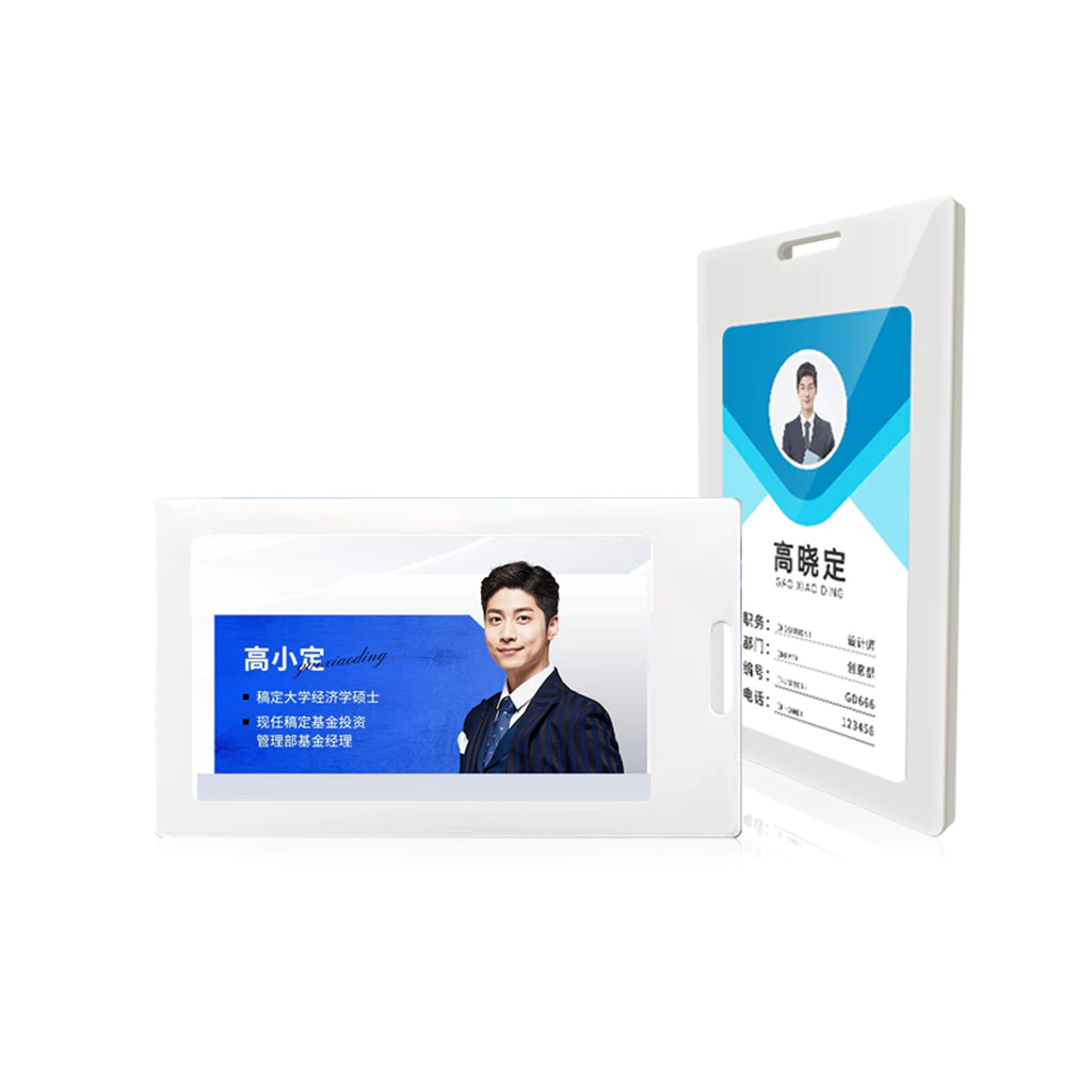 Square digital employee badge with a full-color e-ink display